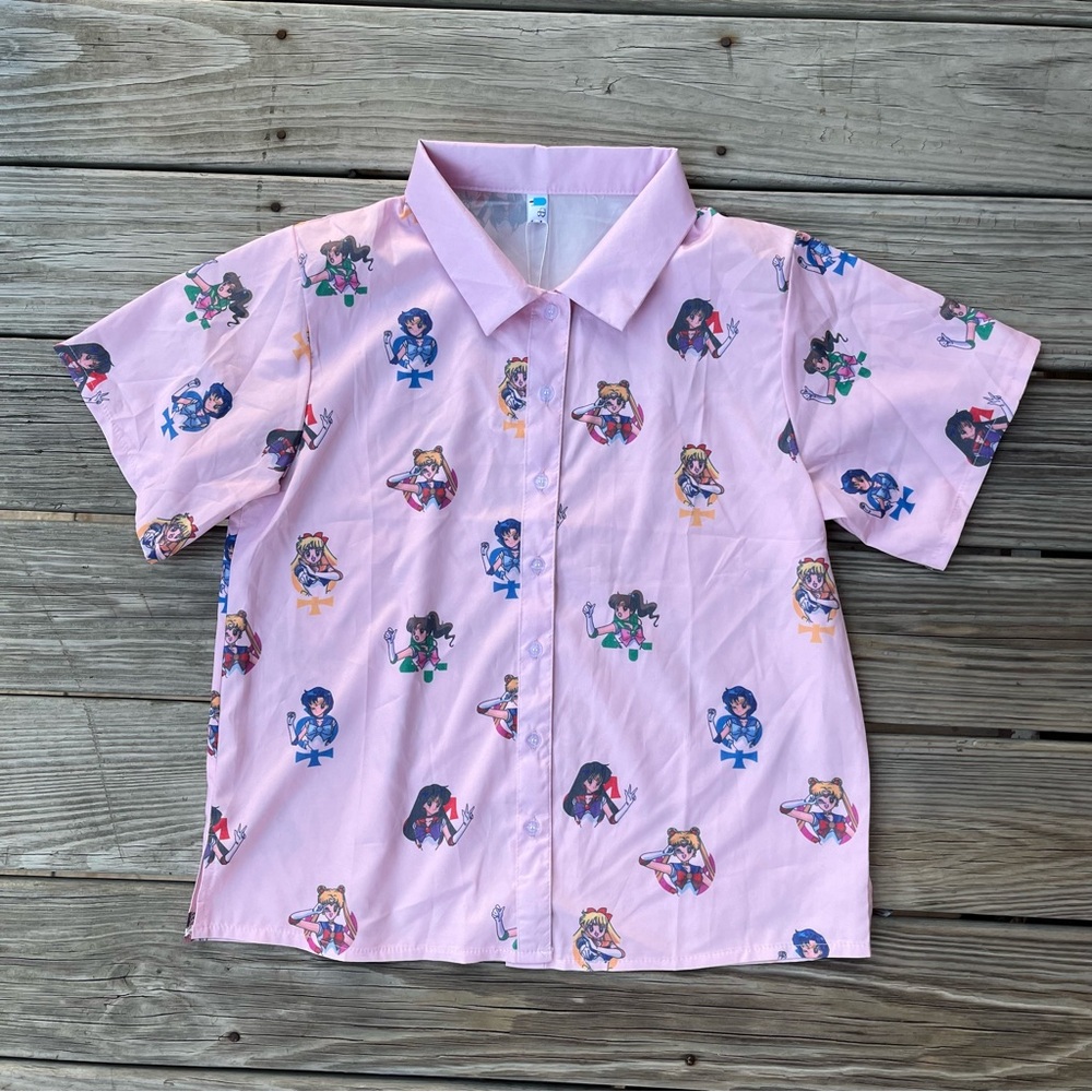 Sailor-Inspired Pink Button-Down Shirt